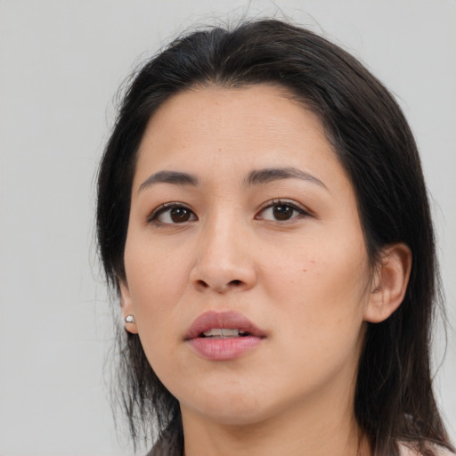 Neutral asian young-adult female with medium  black hair and brown eyes