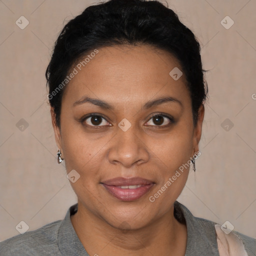 Joyful latino young-adult female with short  brown hair and brown eyes