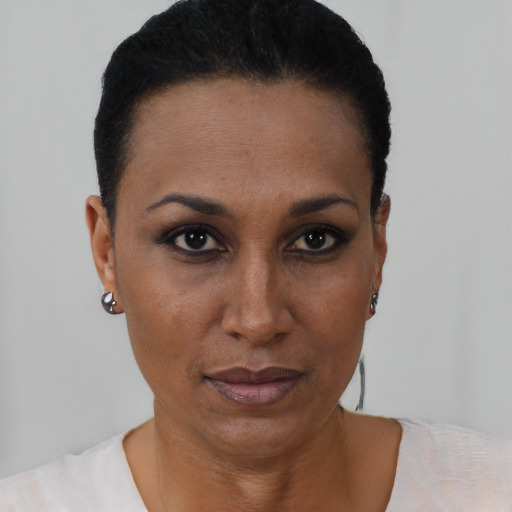 Neutral black young-adult female with short  black hair and brown eyes