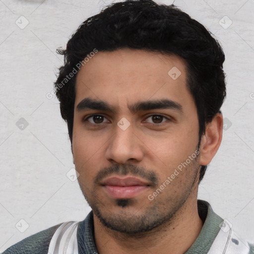 Neutral white young-adult male with short  black hair and brown eyes