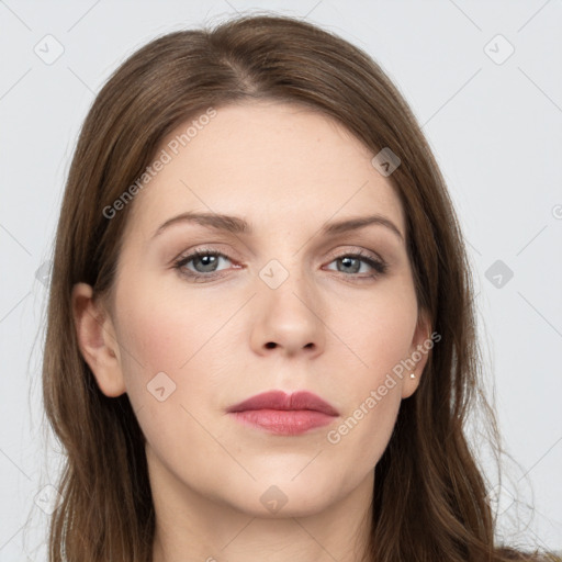 Neutral white young-adult female with long  brown hair and grey eyes