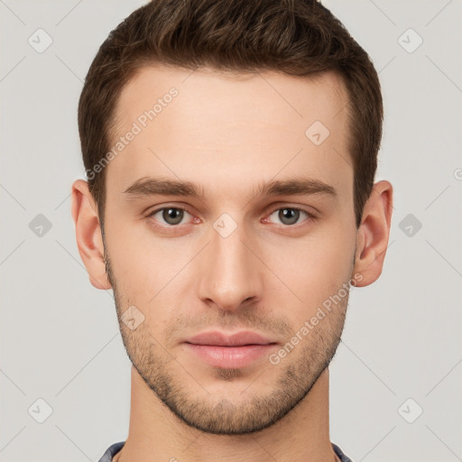 Neutral white young-adult male with short  brown hair and brown eyes