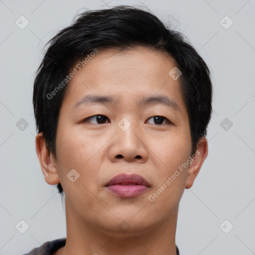 Neutral asian young-adult male with short  brown hair and brown eyes