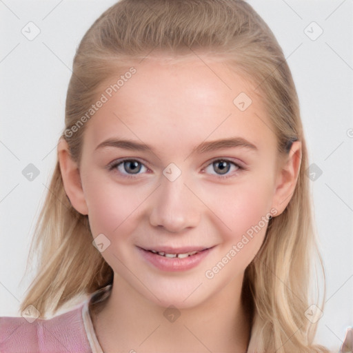 Joyful white young-adult female with long  brown hair and blue eyes