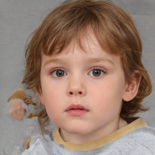 Neutral white child female with medium  brown hair and blue eyes