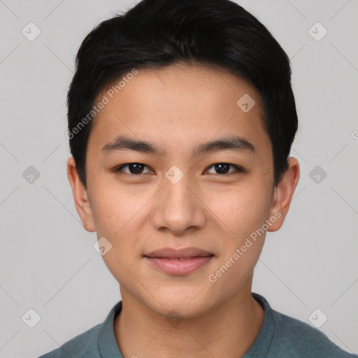Joyful asian young-adult male with short  black hair and brown eyes