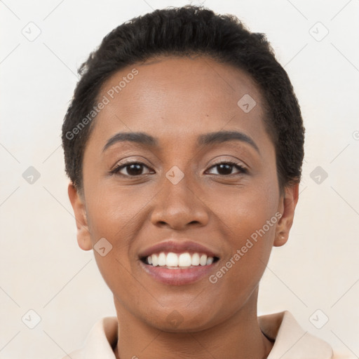 Joyful latino young-adult female with short  brown hair and brown eyes