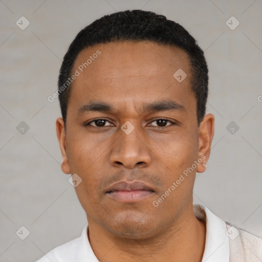 Neutral latino young-adult male with short  black hair and brown eyes