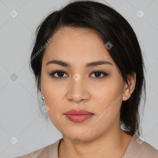 Joyful latino young-adult female with medium  black hair and brown eyes