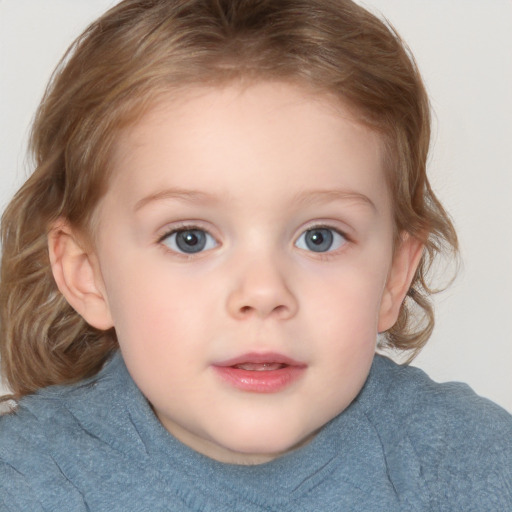 Neutral white child female with medium  brown hair and blue eyes