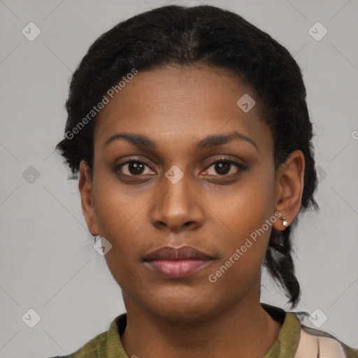 Neutral black young-adult female with short  black hair and brown eyes