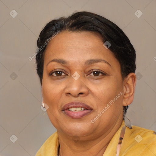 Joyful black adult female with short  brown hair and brown eyes