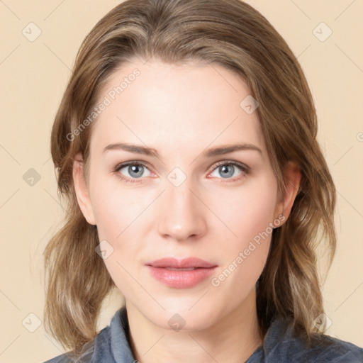 Neutral white young-adult female with medium  brown hair and blue eyes