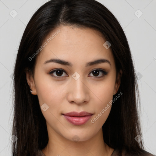 Joyful latino young-adult female with long  brown hair and brown eyes