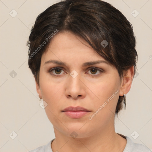 Neutral white young-adult female with short  brown hair and brown eyes