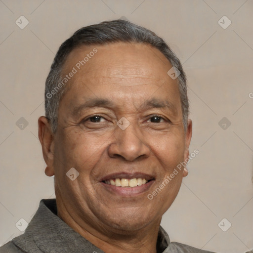 Joyful white middle-aged male with short  brown hair and brown eyes