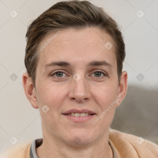 Joyful white adult female with short  brown hair and brown eyes