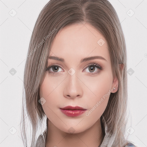 Neutral white young-adult female with long  brown hair and brown eyes