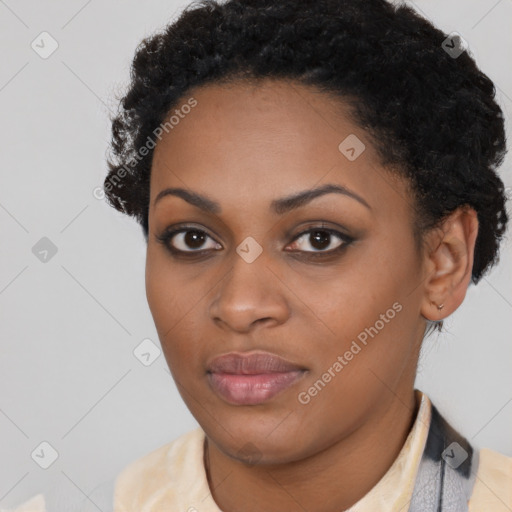 Neutral black young-adult female with short  black hair and brown eyes