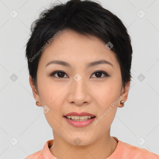 Joyful asian young-adult female with short  brown hair and brown eyes