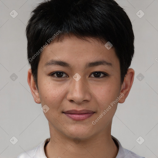 Joyful asian young-adult female with short  brown hair and brown eyes