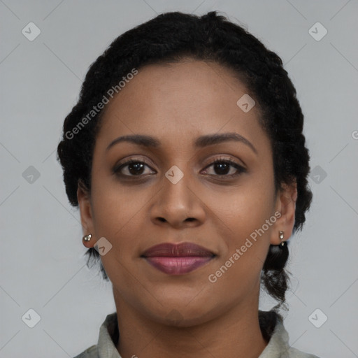 Joyful latino young-adult female with short  black hair and brown eyes