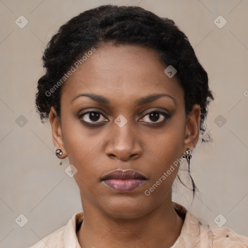 Neutral black young-adult female with short  black hair and brown eyes