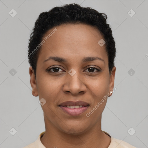 Joyful latino young-adult female with short  black hair and brown eyes