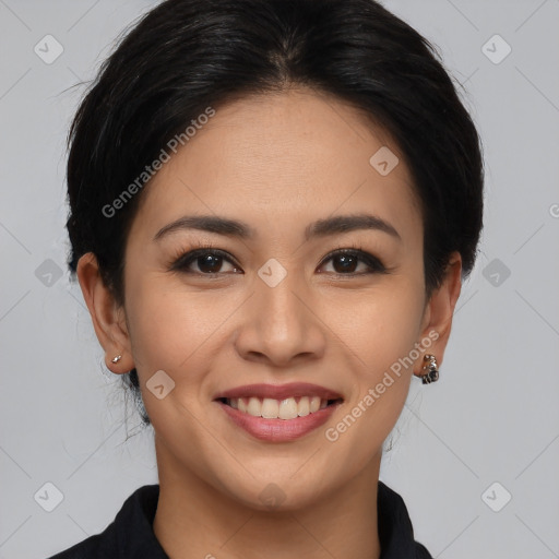 Joyful white young-adult female with medium  brown hair and brown eyes