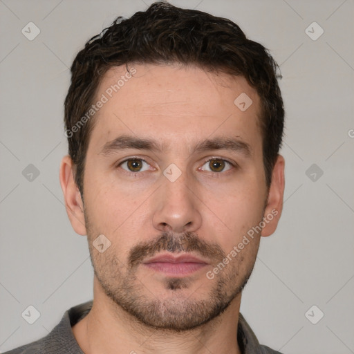 Neutral white young-adult male with short  brown hair and brown eyes