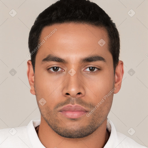 Neutral latino young-adult male with short  black hair and brown eyes