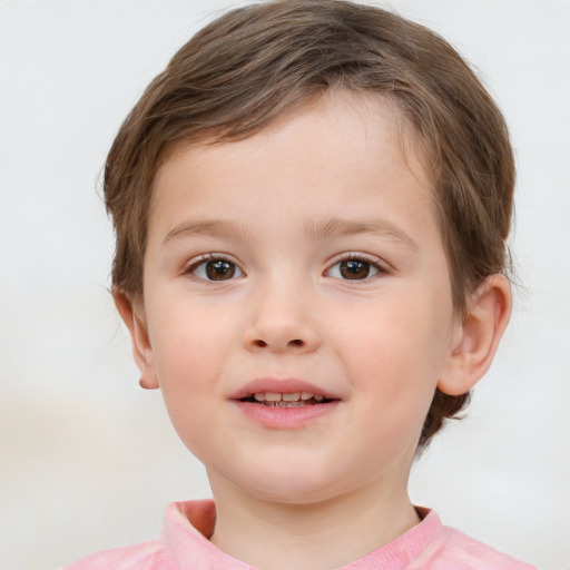 Joyful white child female with short  brown hair and brown eyes