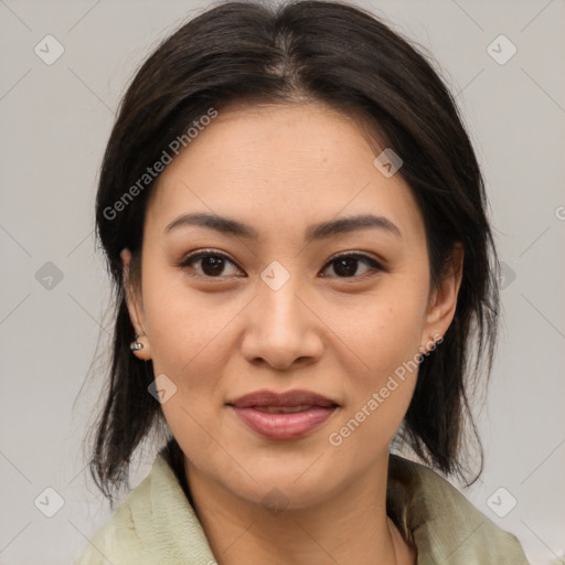 Joyful asian young-adult female with medium  brown hair and brown eyes