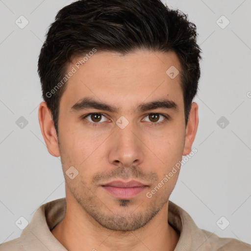 Neutral white young-adult male with short  brown hair and brown eyes