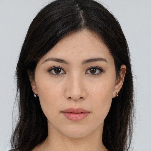 Neutral asian young-adult female with long  brown hair and brown eyes