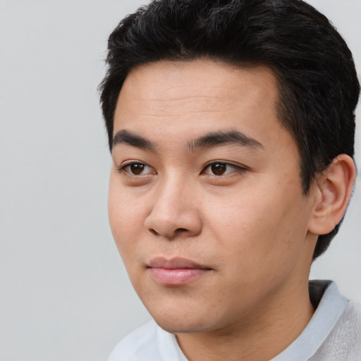 Neutral asian young-adult male with short  black hair and brown eyes