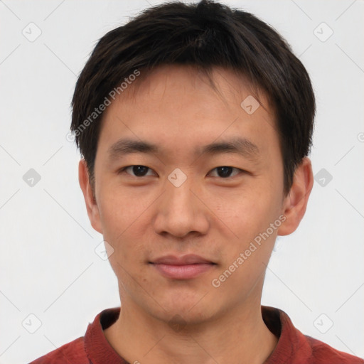 Neutral asian young-adult male with short  black hair and brown eyes