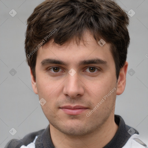 Neutral white young-adult male with short  brown hair and brown eyes