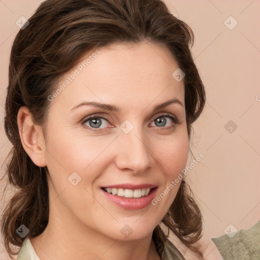 Joyful white young-adult female with medium  brown hair and green eyes