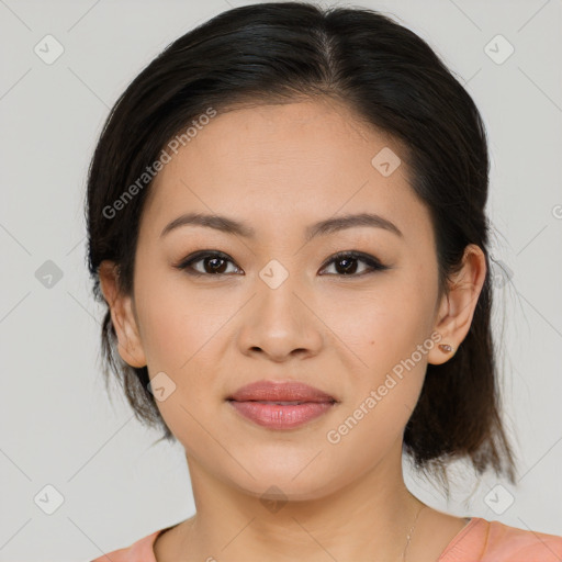 Joyful white young-adult female with medium  brown hair and brown eyes