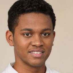 Joyful latino young-adult male with short  brown hair and brown eyes