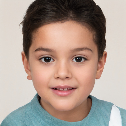 Joyful white child female with short  brown hair and brown eyes