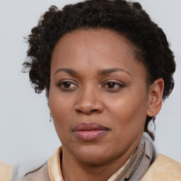 Joyful black adult female with short  brown hair and brown eyes