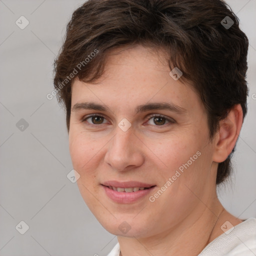 Joyful white young-adult female with short  brown hair and brown eyes