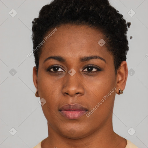 Neutral black young-adult female with short  black hair and brown eyes