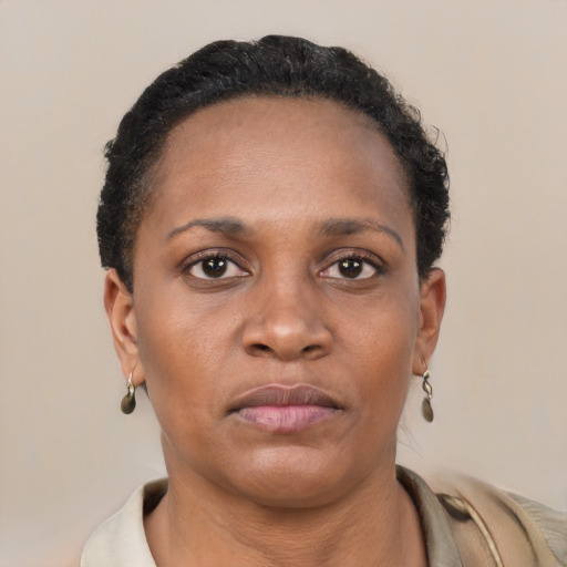 Neutral black young-adult female with short  black hair and brown eyes