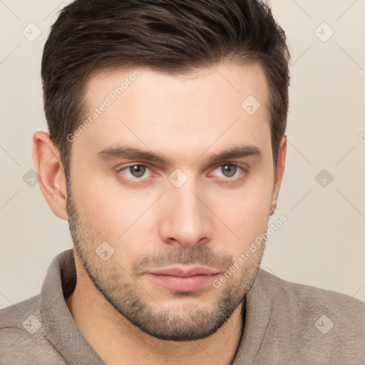 Neutral white young-adult male with short  brown hair and brown eyes