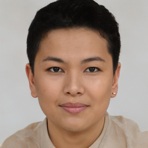 Joyful asian young-adult female with short  brown hair and brown eyes