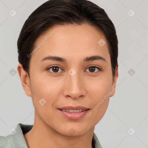 Joyful white young-adult female with short  brown hair and brown eyes