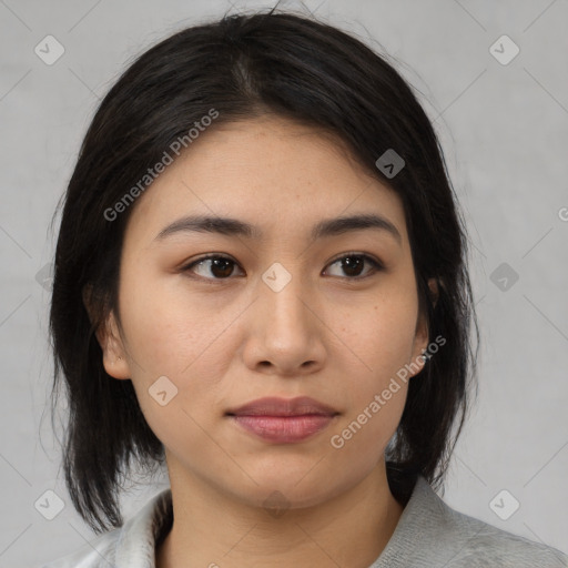 Neutral asian young-adult female with medium  brown hair and brown eyes